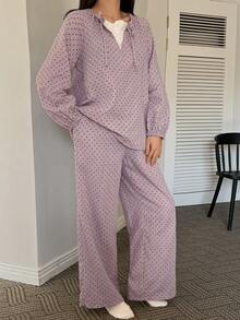 DAZY 波点印花宽松灯笼袖女士睡衣套装 - 紫色 - 查看 6