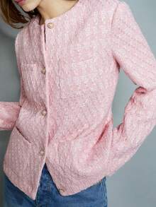 Maija 女士粉色珍珠提花蝴蝶结装饰纽扣点缀宽松翻领长袖开襟优雅休闲/商务外套，百搭舒适，适合所有季节，是情人节的理想之选。 - 粉色 - 查看 5