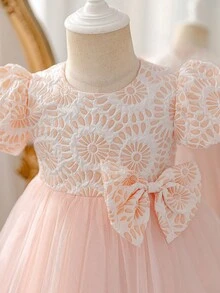 Glamorique Kids Baby Girls' Pink Summer Elegant Birthday Princess Party Dress,Jacquard Hem Mesh Patchwork Bubble Short Sleeve Round Neck,Waist Bow Decor,Flower Girl - Pink - View 4