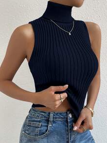 RosyDaze Atasan Rajut Elegan Tanpa Lengan Model Turtleneck Warna Polos - Royal Blue - View 5