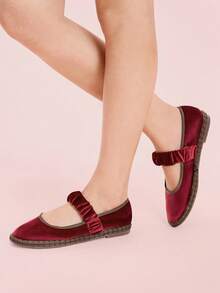 CUCCOO DOLLMOD 女士橙色优雅天鹅绒经典舒适天鹅绒褶皱弹力玛丽珍平底鞋 - 酒紅色 - 查看 7