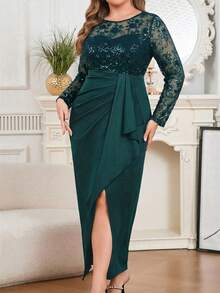 Modelyn Plus Size Elegant Party Sequin Embroidery Patchwork Wrap Dress - Dark Green - View 6