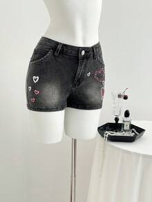 Elamini Short en jean décontracté à imprimé cœur strass pour femmes, style mode de rue chic pour le trajet quotidien, été - Gris - Voir 8