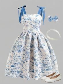 1-Piece Tween Girls Glamorous Vacation Jacquard Knot-Shoulder Cinched-Waist Lightweight Non-Fleece Summer Dress - Blue and White - View 6