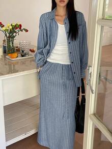 DAZY 2件套女士条纹宽松长袖翻领衬衫和直筒长裙休闲度假套装，春夏款 - 藍色 - 查看 3