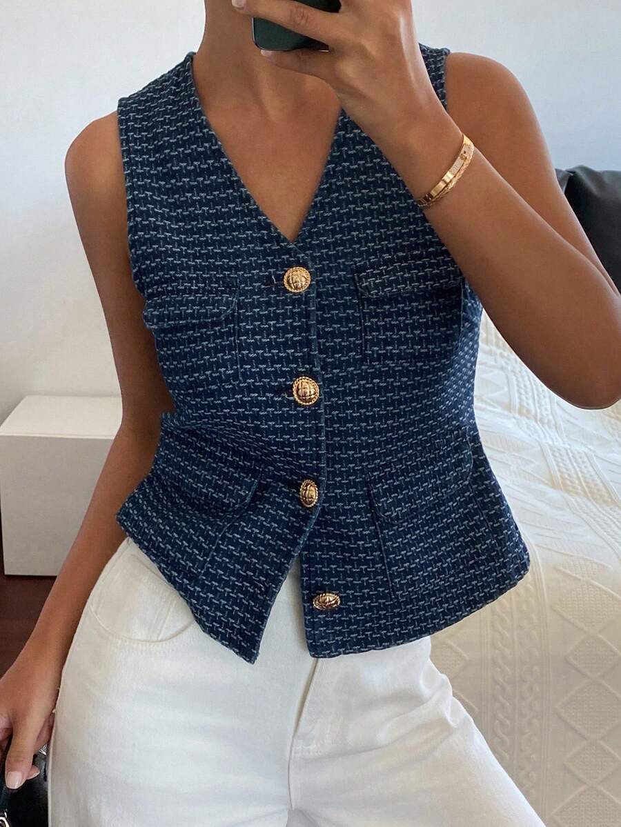 DAZY Women's Textured V-Neck Sleeveless Elegant Vacation Denim Jacket And Coat, Spring/Autumn - Blue - View 1