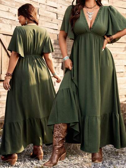 Ceyna Rochie maxi elegantă de damă, verde militar, cu decolteu în V adânc, cu volane, mânecă scurtă, în formă de A, mărime plus, primăvară/vară