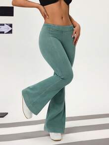 Flexra 女士纯色低腰修身喇叭牛仔裤 - 綠色 - 查看 4