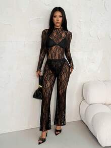 SHEIN PETITE 1pc Women Asymmetric Collar Sparkly Mesh Long Sleeve Fashion Top - Black - View 5