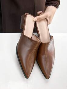 CUCCOO BIZCHIC Minimalist Women Mule Heels Smooth Finish Pointed Toe Low Block Heel Slip On Office Shoes - Brown - View 5
