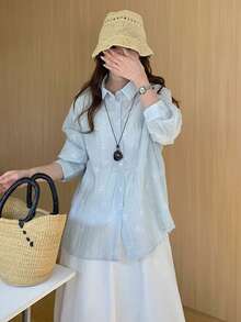 DAZY Áo sơ mi nữ dáng rộng, thêu hoa, kiểu dáng nghỉ dưỡng, cổ bẻ, tay dài. - Màu xanh lam - Xem 5