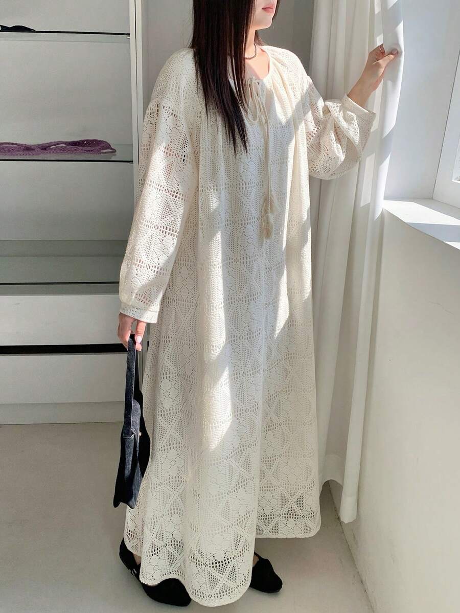 Dazy Plus Plus Size Solid Color Hollow Out Round Neck Long Sleeve Dress Maxi Dress Sundress Vacation Outfits Women - Apricot - View 1