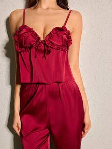 SHEIN Sexy Backless Drawstring Bustier & Wide Leg Lace Hollow Out Jumpsuit, Alluring Lingerie Set - Burgundy - View 5