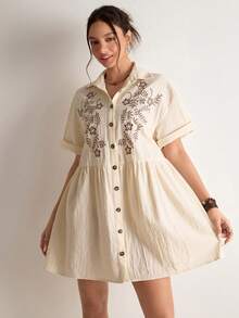 Freevana Holiday Loose Embroidered Casual Women Summer Shirt Dress With Ruffled Hem - Beige - View 4
