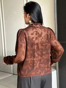 Dazy Plus Plus Size Women's Floral 3D Cutout Decor Puff Sleeve Elegant Blouse - Khaki - View 6