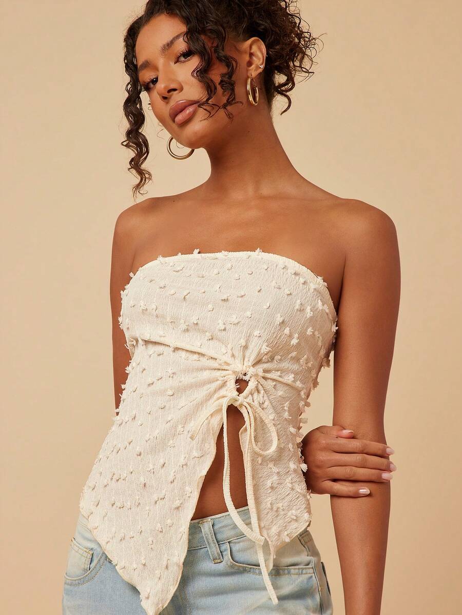 Travachic 女士夏季休闲纹理抹胸上衣，适合度假 - 杏色 - 查看 1