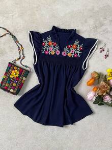 SHEIN LUNE Women's Casual Versatile Blouse, Solid Color Textured V-Neck Embroidered Flutter Sleeve Top, Spring/Summer - Navy Blue - View 1