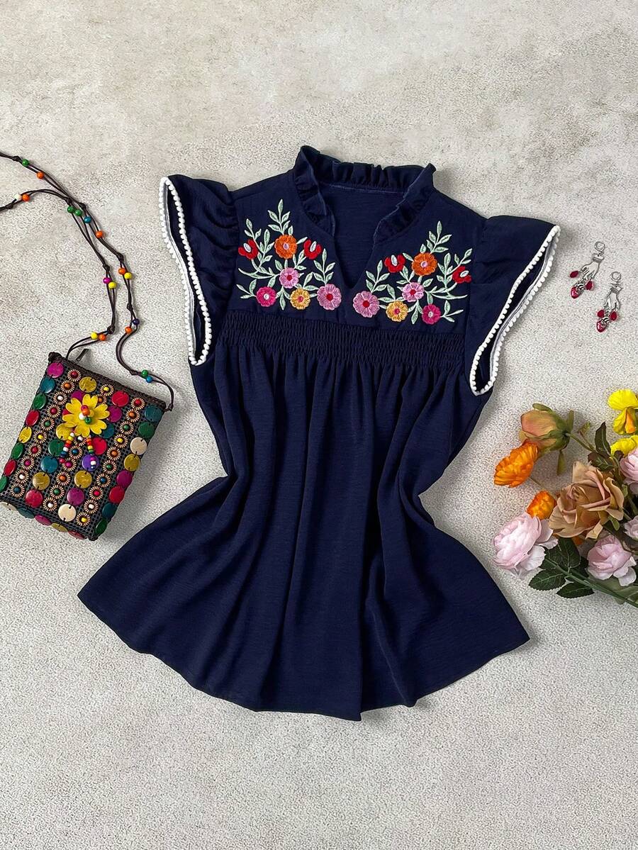 SHEIN LUNE Women's Casual Versatile Blouse, Solid Color Textured V-Neck Embroidered Flutter Sleeve Top, Spring/Summer - Navy Blue - View 1
