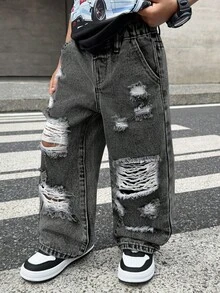 Quần jeans denim xanh dáng rộng, phong cách đường phố retro dành cho bé trai, thích hợp mặc hàng ngày vào mùa xuân và mùa hè. - màu đen - Xem 4