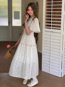 DAZY 少女夏季度假风印花斗篷袖收腰连衣裙