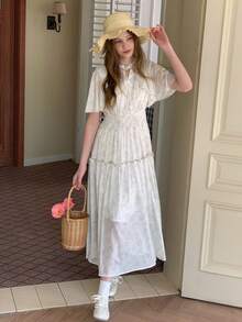 DAZY 少女夏季度假风印花斗篷袖收腰连衣裙