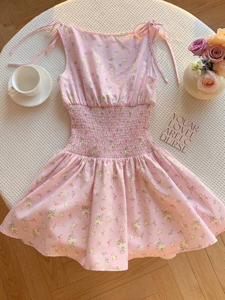 Comfortcana 2026 New Arrival Spring/Summer Fashionable Women's Summer Vacation Floral Print Waist Tie Mini Dress Summer Outfits For Women Summer Dress Spring Dress Valentine's Day Party Dress Beach Outfit Wedding Guest Dress For Women Elegant Dresses For Women  Vacation Outfits Women  Casual Dresses For Women  2000s Style Floral Dress Pink Dress - Baby Pink - View 2