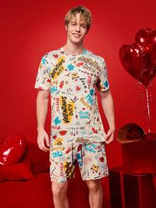 Notgurli Conjunto de pijama masculino de 2 peças com estampa divertida de grafite e letras para o Dia dos Namorados, composto por shorts de manga curta e calça. - Multicolorido - Ver 5