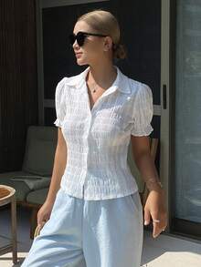 DAZY 女士白色棉质纹理花瓣袖翻领衬衫，春季款 - 白色 - 查看 5