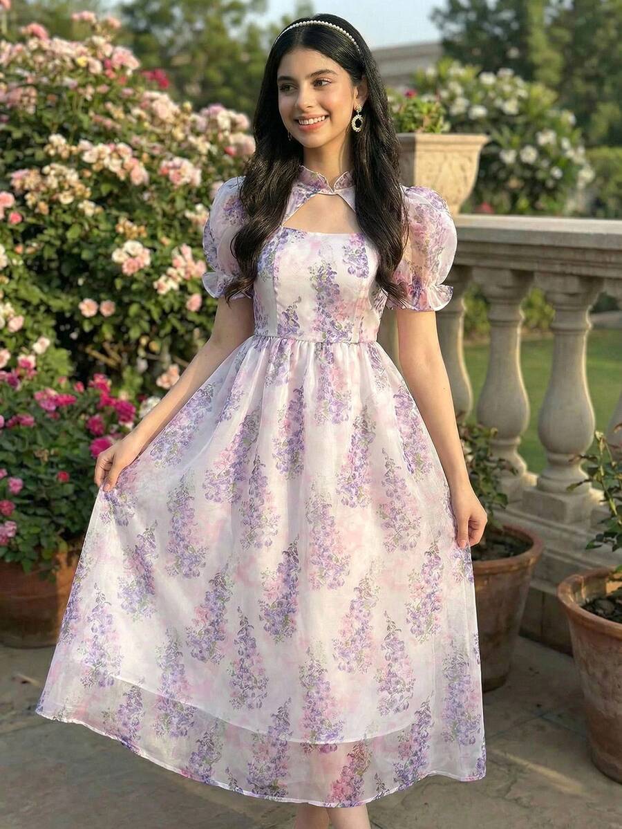 SHEIN Đầm chữ A tay phồng khoét eo, họa tiết hoa tím trắng, chất liệu organza, dành cho thiếu nữ, thanh lịch và duyên dáng. - Màu tím - Xem 1