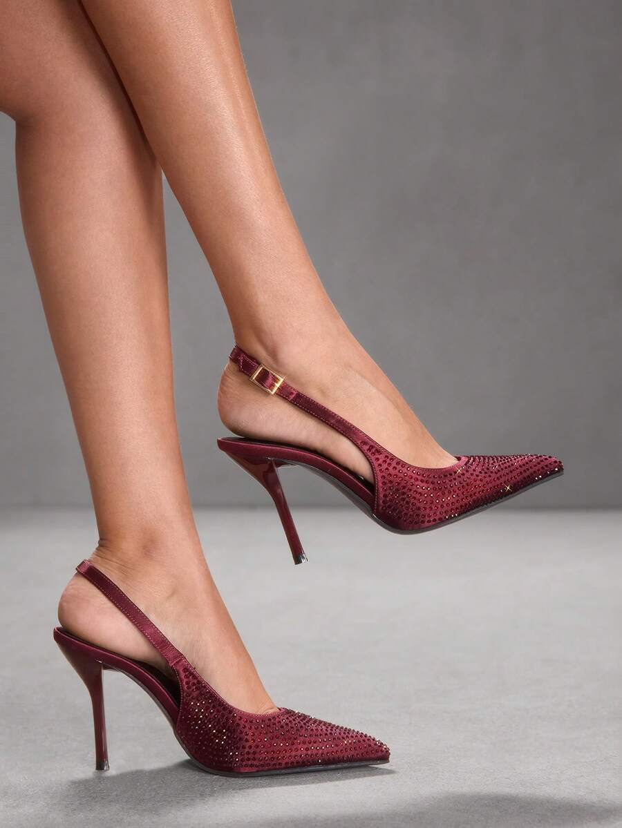 CUCCOO SZL Tacones altos elegantes y lujosos con diseño de hebilla con rhinestones de punta fina para mujer, ideales para Navidad - Rojo - Ver 1