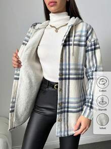 EURMUSE Cotton Ladies' Plaid Drawstring Hooded Regular-Fit Jacket - Blue and White - View 1