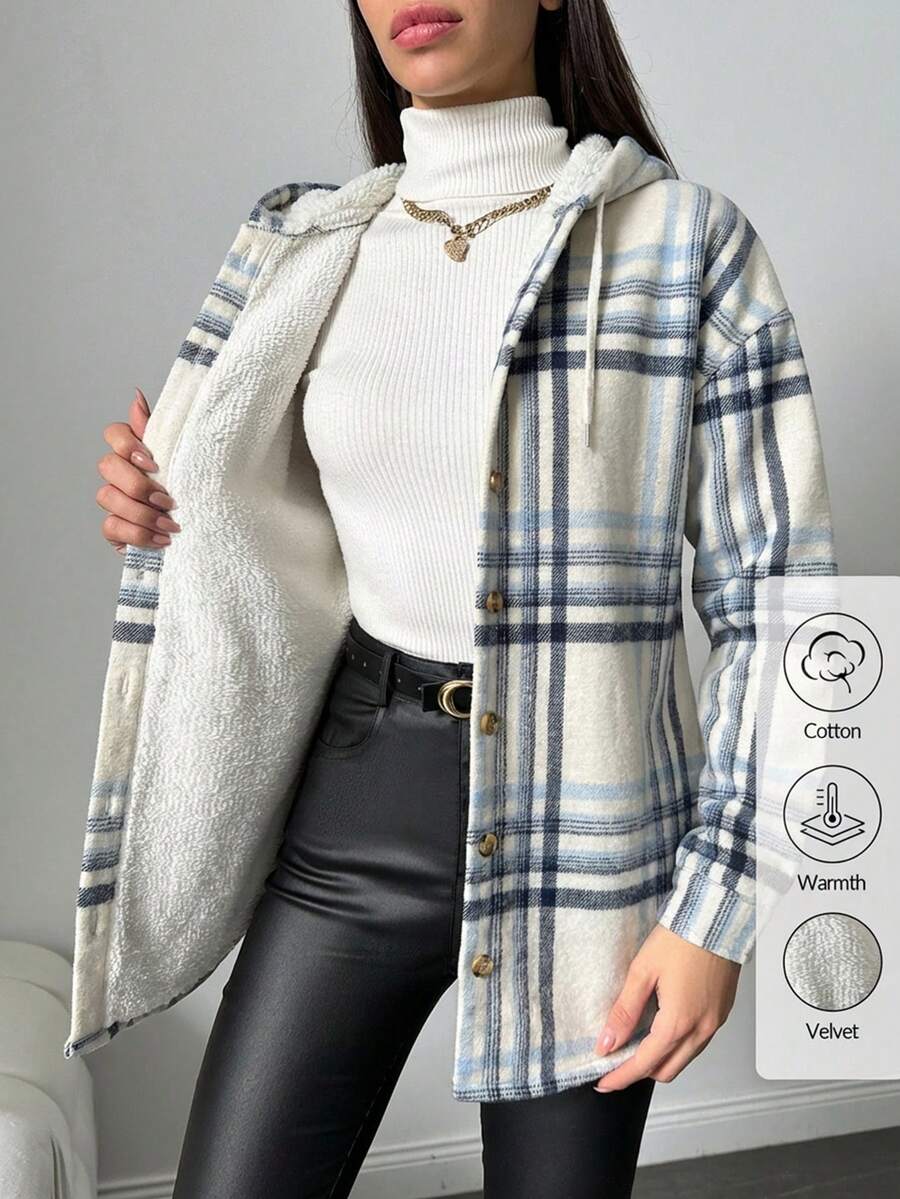 EURMUSE Cotton Ladies' Plaid Drawstring Hooded Regular-Fit Jacket - Blue and White - View 1