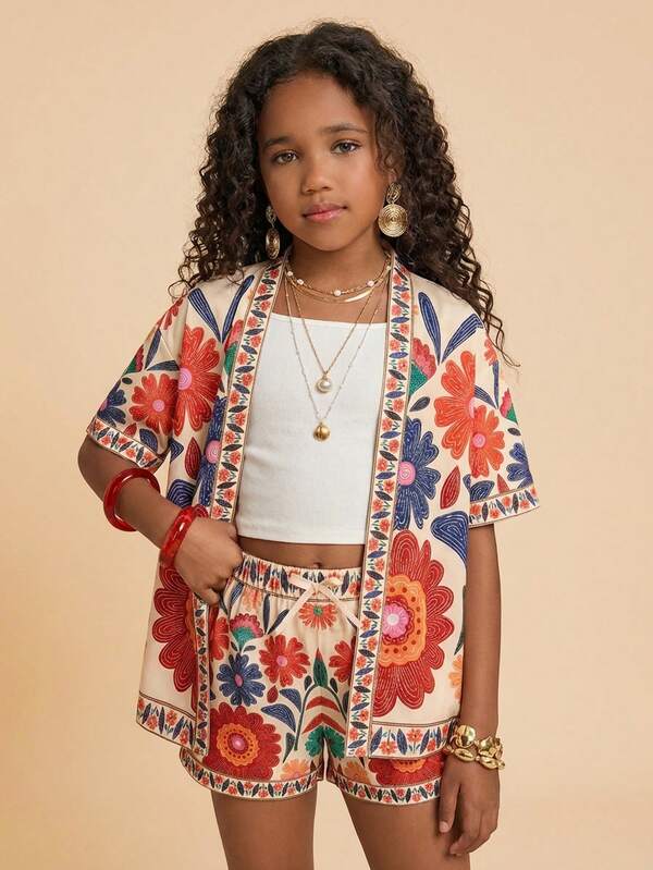 Travachic KIDS Tween Girls' Vacation Casual Elegant Floral Print Short Sleeve Shirt And Elastic Waist Shorts Set