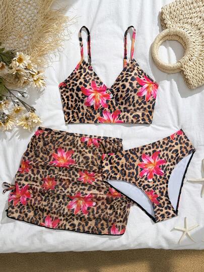 Conjunto de 3 piezas de traje de baño tipo tankini con estampado de leopardo y floral para niña preadolescente
