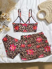 Tween Girl 3pcs Set Leopard & Floral Print Tankini Swimsuit - Brown - View 2