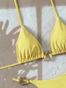 Swim Vcay Damen neue modische einfarbige Neckholder Rückenfrei Metall Dekor sexy Dreieck Bikini Set, Sommer Strand - Gelb - Übersicht 3