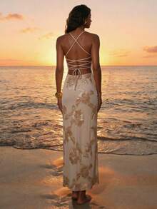 Nevyona 女士碎花露背系带长裙，休闲度假/派对装扮 - 淡黃色 - 查看 6