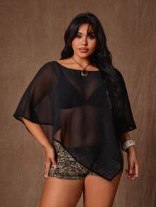 Rustia Áo khoác ngoài bằng vải chiffon màu đen trơn dành cho nữ cỡ lớn, kiểu dáng rộng rãi, thoải mái, xẻ tà, xuyên thấu, đa năng, áo sơ mi mùa hè thời trang. - màu đen - Xem 7