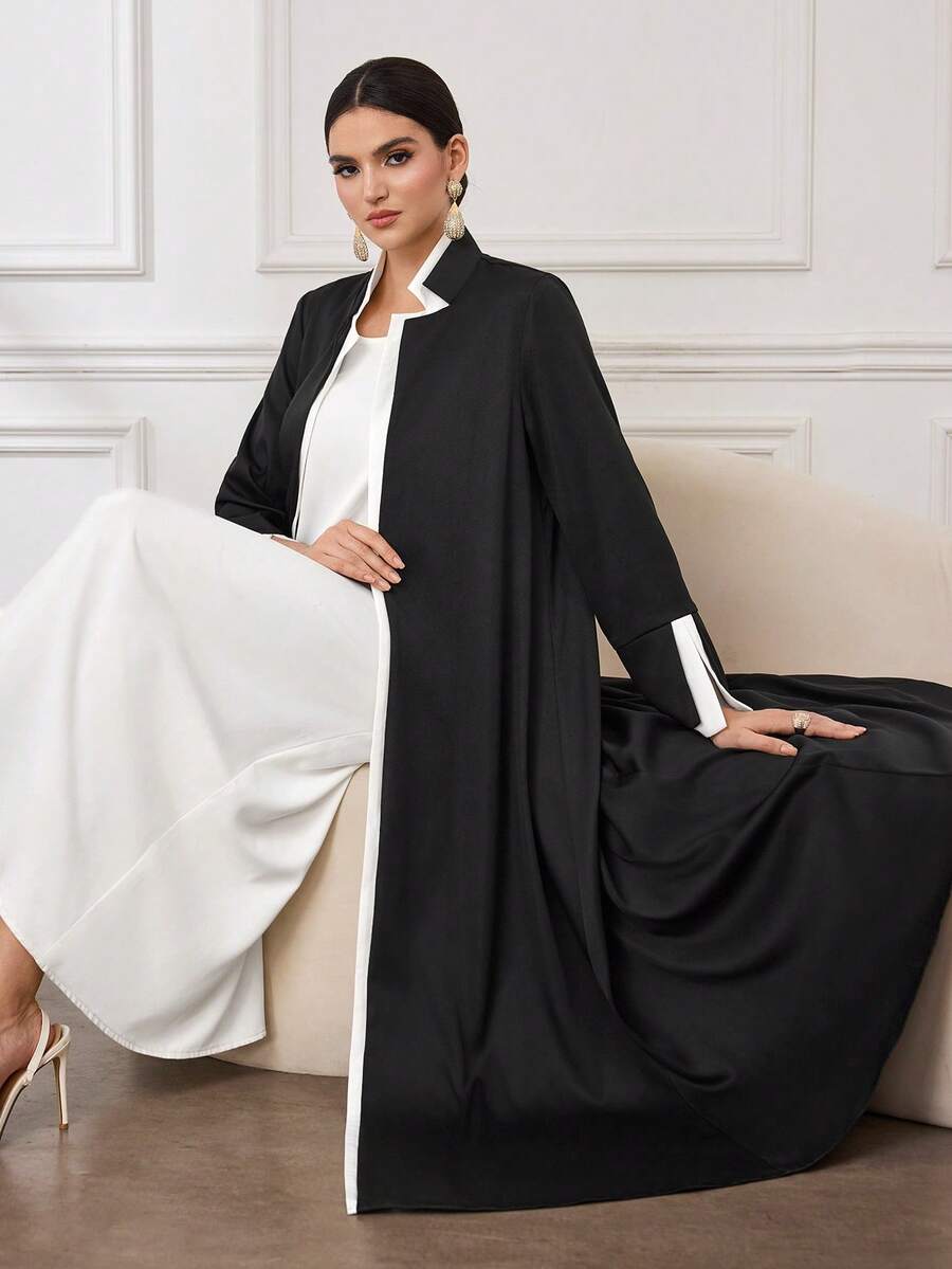 SHEIN Najma Áo choàng Abaya nữ đơn giản màu đen trắng, dáng rộng, thoải mái. - Đen và trắng - Xem 1
