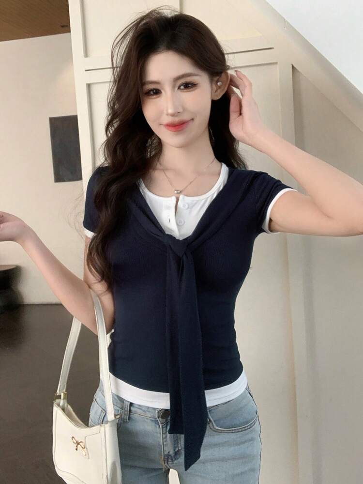 Women's Summer Round Neck 2 In 1 Splicing Slim Fit Short Sleeve Casual T-Shirt