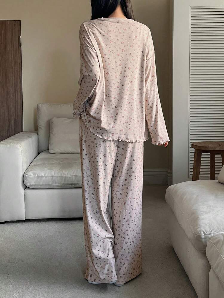 2pcs/Set Women Ditsy Floral Loose Comfortable Long Sleeve T-Shirt And Pants Pajama Set, Autumn