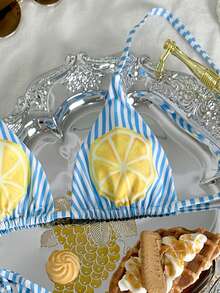 Swim Vcay Women's Halter Tie Striped Print Bikini Set - Blue - View 4