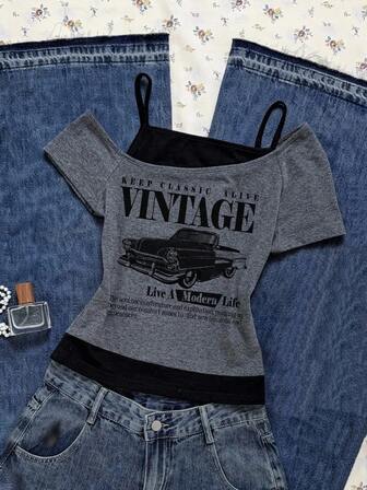 Camiseta casual de niña 2 en 1 para streetwear. Esta camiseta presenta estampados de lema con letras y gráficos de automóviles, con diseño de manga corta con hombros descubiertos, adecuada para actividades de ocio de verano, compras y sesiones de fotos.