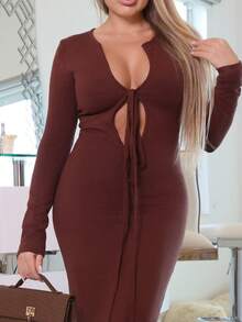 Cioccolato 秋冬新款性感深V交叉肩带装饰长袖修身修身长款毛衣连衣裙 - 棕色 - 查看 3