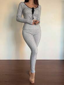 DAZY 女士波点撞色滚边系带领修身睡衣套装（2件套），秋冬季 - 灰色 - 查看 3