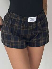 RebeccaVibe Women's Casual Plaid Elastic Waist Shorts, Summer - Black and White - View 5