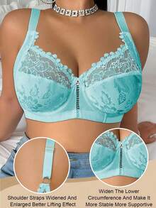 DesireSculpt 1pc Plus Size Lace Patchwork Wireless Bra - Green - View 4