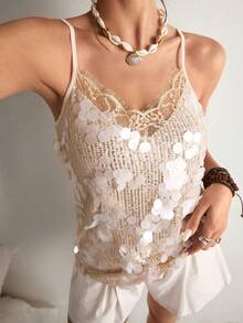 Freevana Women's Fashion Lace Trim Sequin Camisole For Summer - Apricot - View 5
