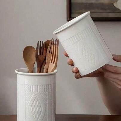 1pc New Simple White Embossed Chopstick Holder, Ceramic Kitchen Cutlery Storage Jar, Vase Decor; 1pc Firework Design High-Apearance Embossed Storage Jar, Desk Pen Holder