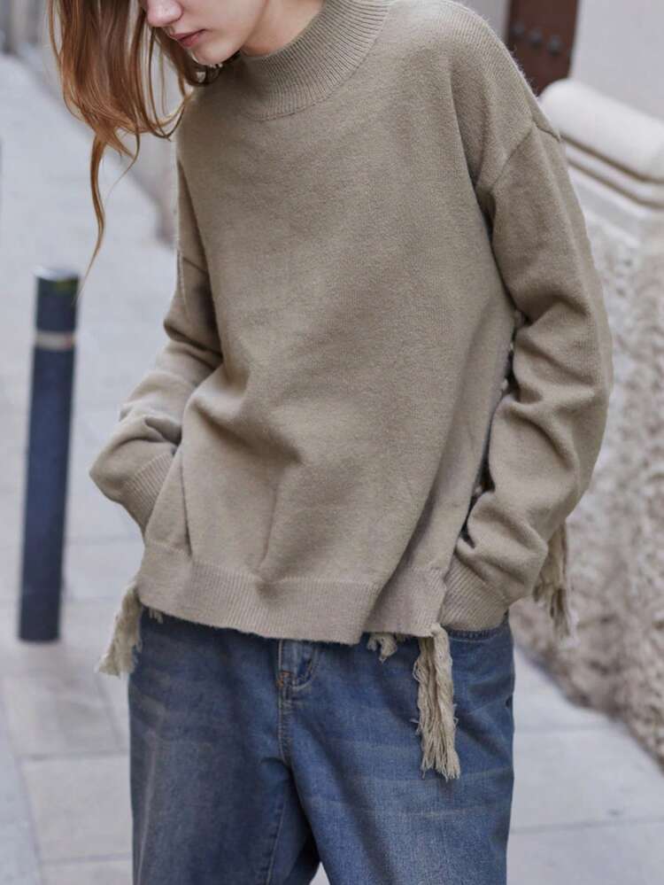 SHEIN Maija Women's Khaki Versatile Modern City Loose Drop Shoulder Round Neck Pullover Sweater, With Side Fringe Detail, All Season Hippie